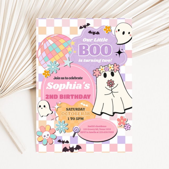 Girl Retro Groovy Little Boo Födelsedagsfest Inbjudningar (Retro Groovy Little Boo Birthday Party Invitation)