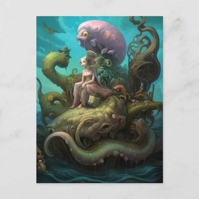 Girl Riding A Sea Monster Surreal Art Vykort (Framsida)