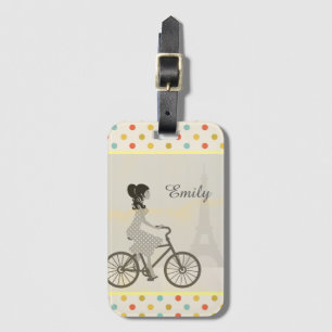 Girl Riding Bike i Paris Polka Dot Personlig Bagagebricka
