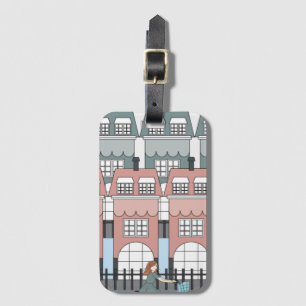 Girl Riding Bike Past Amsterdam Tall Houses Art Bagagebricka