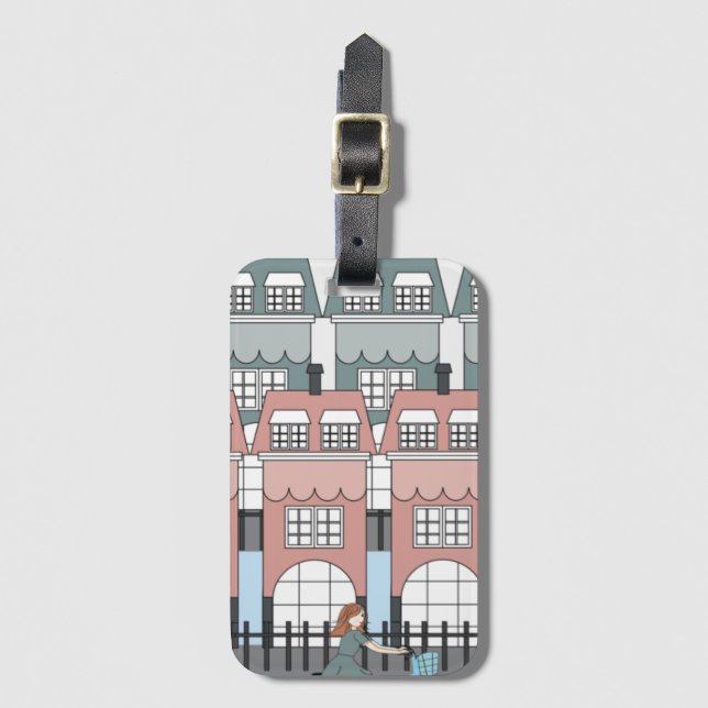 Girl Riding Bike Past Amsterdam Tall Houses Art Bagagebricka (Framsida vertikal)