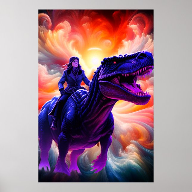 Girl Riding Dinosaur for Adults + Kid's Wall Room Poster (Framsidan)