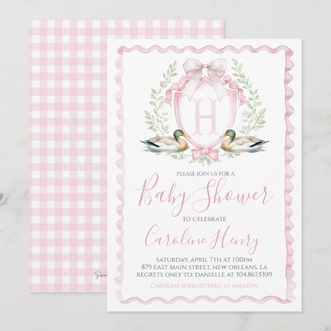 Girl Rosa Anka Baby Shower Gingham Rosa Inbjudningar (Fram/baksida)