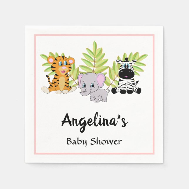 Girl Rosa Baby Shower Cute Safari Jungle Animals Pappersservett (Framsidan)