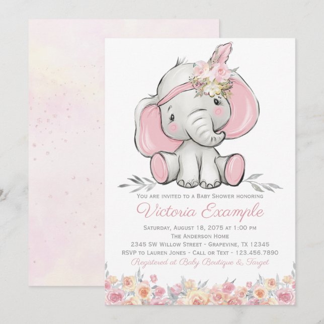 Girl Rosa Boho Elephant Baby Shower Inbjudningar (Fram/baksida)