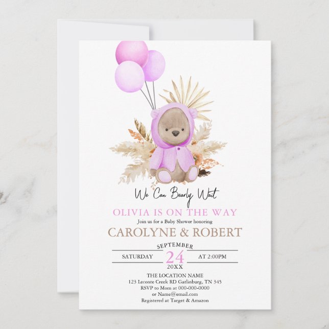 Girl Rosa Boho Nalle Barly Wait Baby Shower Inbjudningar (Framsida)