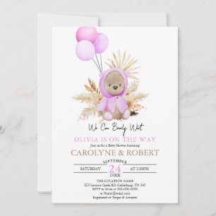Girl Rosa Boho Nalle Barly Wait Baby Shower Inbjudningar