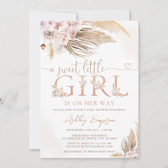 Girl Rosa Boho Pampas Grass Girl Baby Shower Inbjudningar (Framsida)