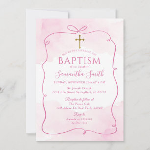 Girl Rosa Bow Guld Kor Christening Baptism Inbjudningar