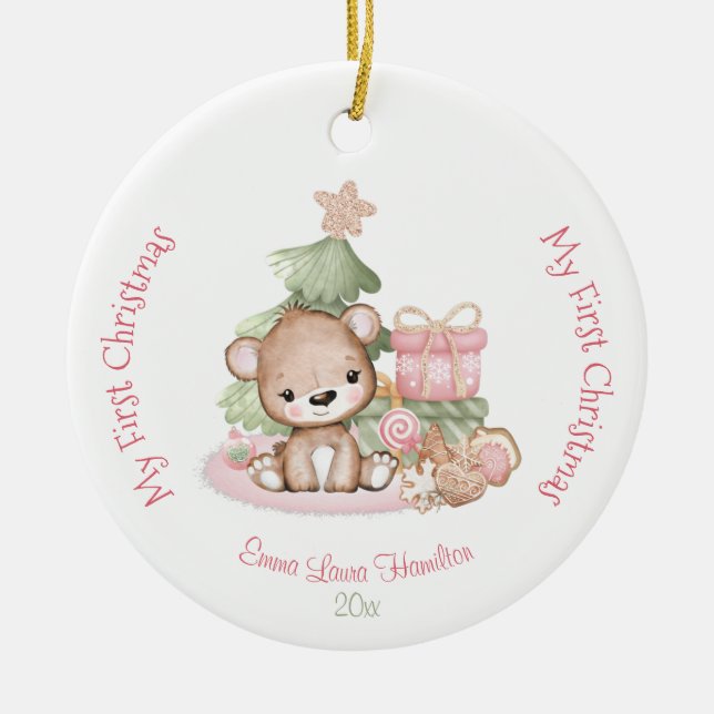 Girl Rosa Cute Baby Bear Baby First Julgransprydnad Keramik (Framsidan)