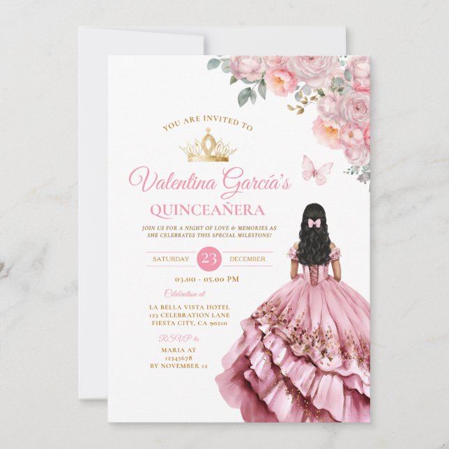 Girl Rosa Dress Quinceañera 15 Anos Flowers Guld Inbjudningar (Framsida)