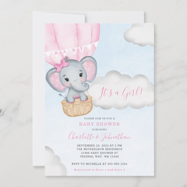 Girl Rosa Elephant Baby Shower Inbjudningar (Framsida)