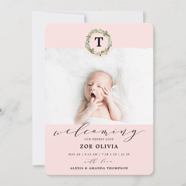Girl Rosa Eucalyptus Greenery Monogram Baby Birth Meddelande (Framsida)
