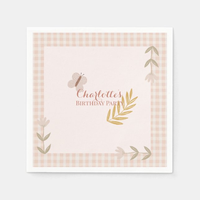 Girl Rosa Gingham WildblomButterfly Pappersservett (Framsidan)
