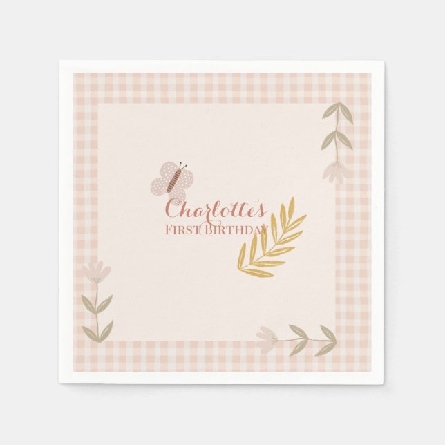 Girl Rosa Gingham WildblomButterfly Pappersservett (Framsidan)