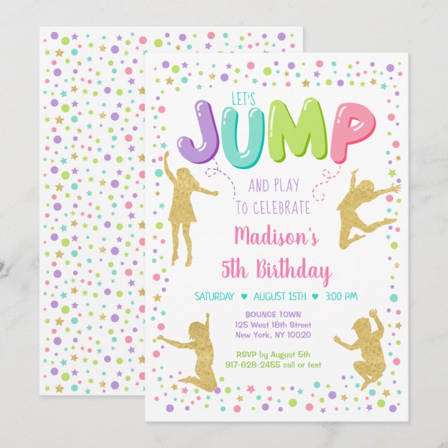 Girl Rosa Guld Rainbow Jump Bounge Party Birthday Inbjudningar (Fram/baksida)