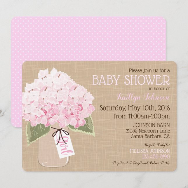 Girl Rosa Hydrangea Mason Burk Rustic Baby Shower Inbjudningar (Fram/baksida)