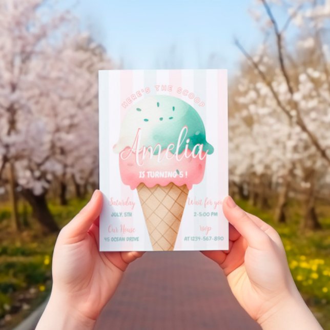 Girl Rosa Ice Cream Birthday Inbjudningar (Skapare uppladdad)