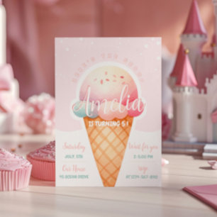 Girl Rosa Ice Cream Birthday Inbjudningar
