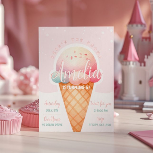 Girl Rosa Ice Cream Birthday Inbjudningar (Skapare uppladdad)