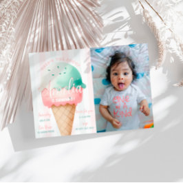 Girl Rosa Ice Cream Birthday Photo Inbjudningar