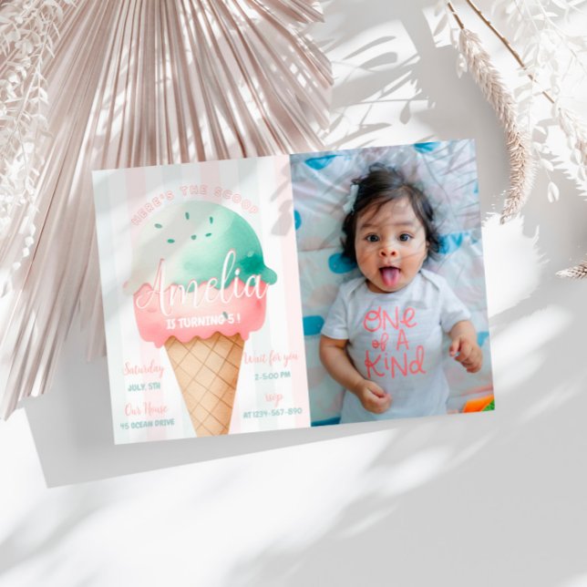 Girl Rosa Ice Cream Birthday Photo Inbjudningar (Skapare uppladdad)