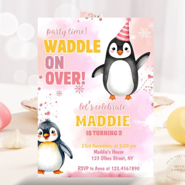 Girl Rosa Penguin Winter Födelsedagsfest inbjudan (december birthday, winter birthday, kids birthday party, winter themed, girl birthday, penguin, cute)