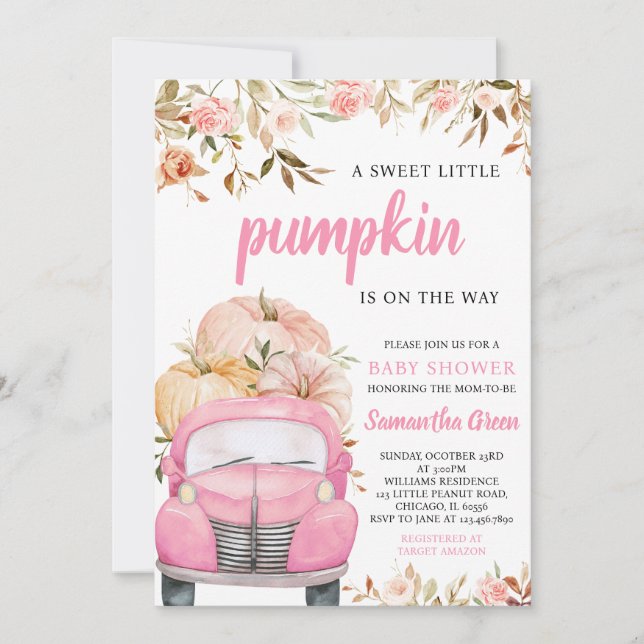 Girl Rosa Pumpkin Lastbil Baby Shower Inbjudningar (Framsida)