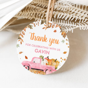 Girl Rosa Pumpkin Lastbil Fall Birthday Round Gåvor Etiketter