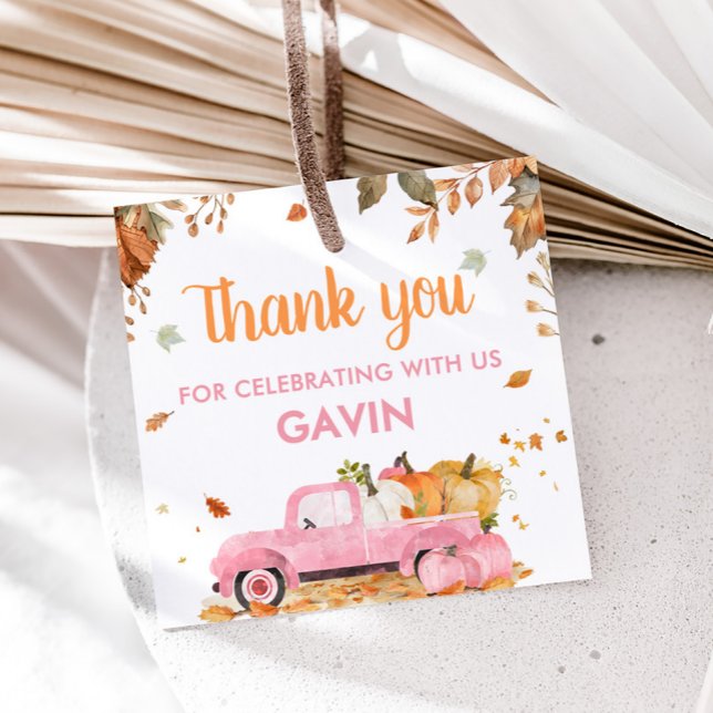 Girl Rosa Pumpkin Lastbil Fall Birthday Square Gåvor Etiketter (Pink Pumpkin Truck Fall Birthday Square Favor Tags)