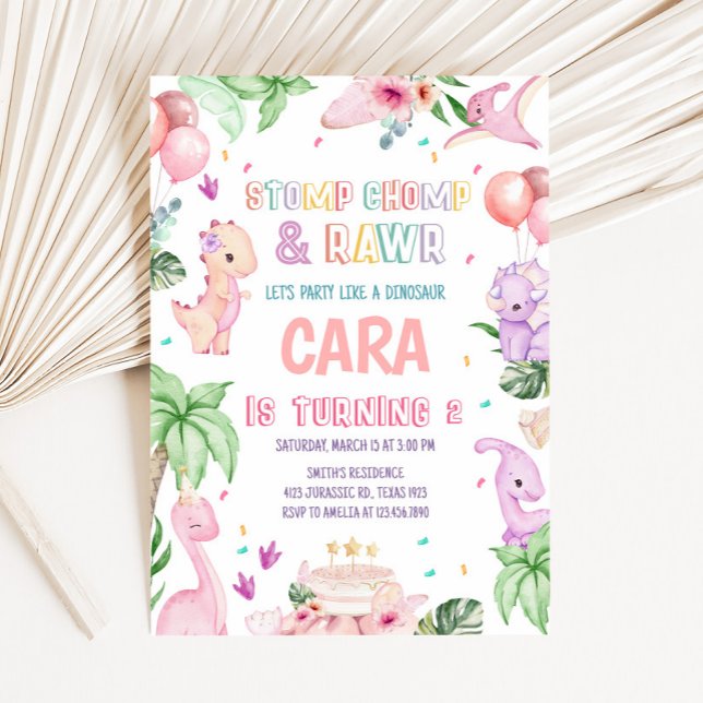 Girl Rosa Safari Dinosaur Födelsedagsfest Inbjudningar (Girl Pink Jungle Safari Dinosaur Birthday Party Invitation)