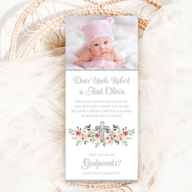 Girl Rosa Silver Watercolor Kor Godparent Inbjudningar (Pretty pink and silver floral cross baby girl photo Godparent invitation.)