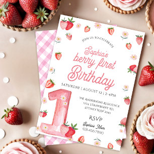 Girl Rosa Strawberry Berry First Birthday Inbjudningar
