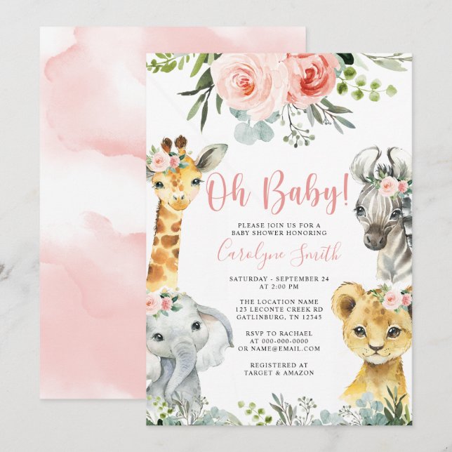 Girl Safari Animal Baby Shower-inbjudan Greenery Inbjudningar (Fram/baksida)