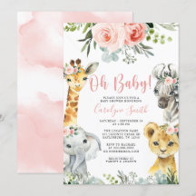 Girl Safari Animal Baby Shower-inbjudan Greenery