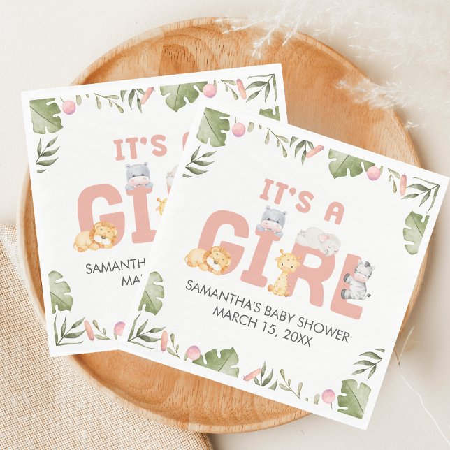 Girl Safari Animal Baby Shower  Pappersservett (Safari Jungle Animals Baby Shower Napkin)