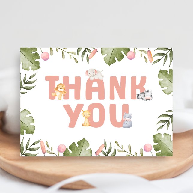 Girl Safari Animal Baby Shower  Tack Kort (Safari Jungle Animals Baby Shower Thank you Card)