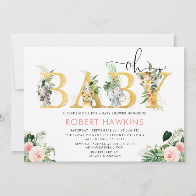 Girl Safari Animal Editable Oh Baby Shower Inbjudningar (Framsida)