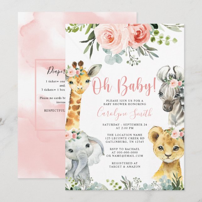 Girl Safari Animal Greenery Baby Shower-inbjudan Inbjudningar (Fram/baksida)