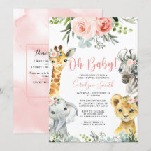 Girl Safari Animal Greenery Baby Shower-inbjudan