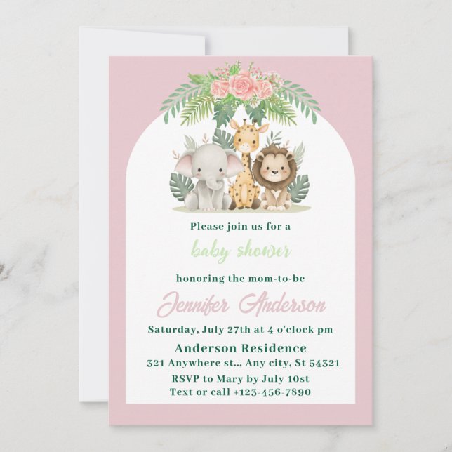 Girl Safari Animals Baby Shower Inbjudningar (Framsida)