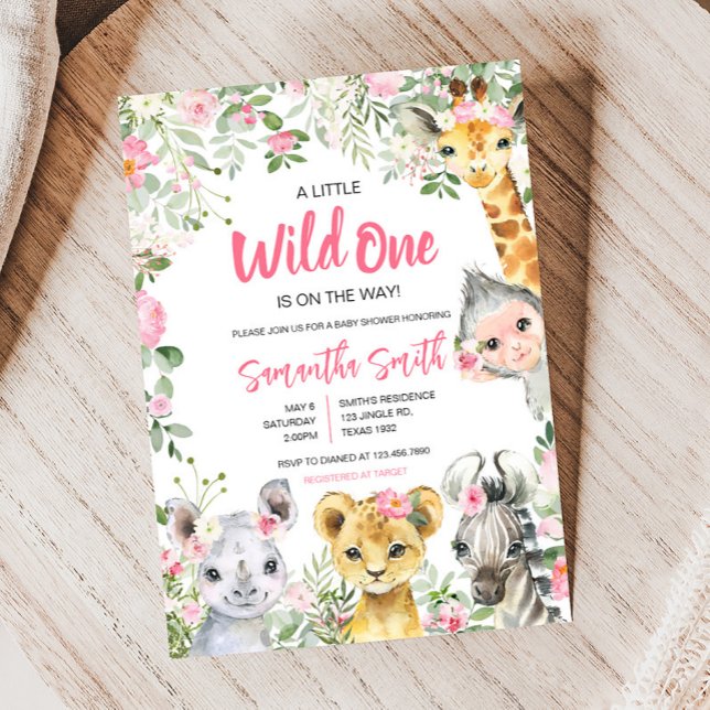 Girl Safari Animals Baby Shower Inbjudningar (Pink Floral Safari Animals Baby Shower Invitation)