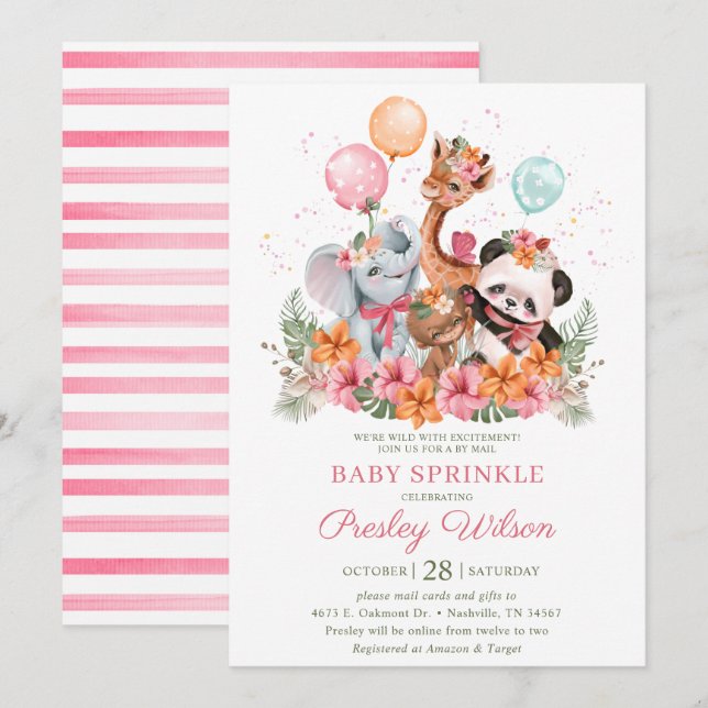 Girl Safari Animals Baby Sprinkle Inbjudningar (Fram/baksida)