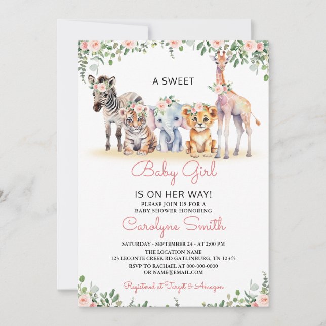 Girl Safari Animals Greenery Jungle Baby Shower Inbjudningar (Framsida)