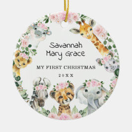 Girl Safari Animals Rosa Blommigt Baby 1:a julen Julgransprydnad Keramik