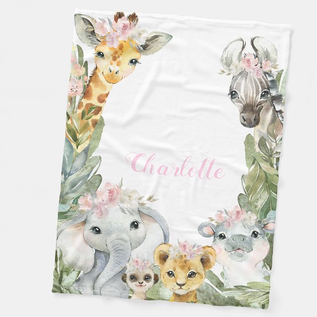 Girl Safari Baby Blanket Fleecefilt (You can add your text, change the font style, font color, to whatever you prefer.)