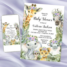 Girl Safari Baby Shower Lila Blommigt Inbjudningar