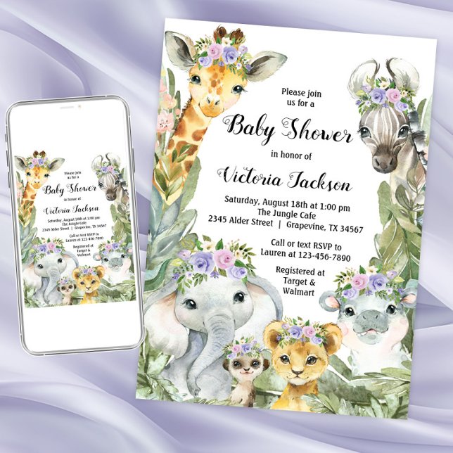 Girl Safari Baby Shower Lila Blommigt Inbjudningar (Girl purple safari baby shower invitation. Instant download and printed invitations available.)