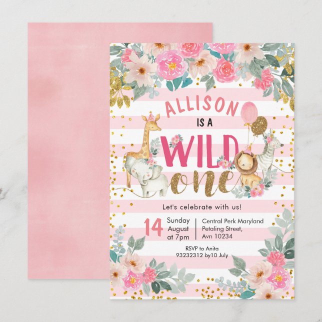 Girl safari vild en födelsedag inbjudan (Fram/baksida)