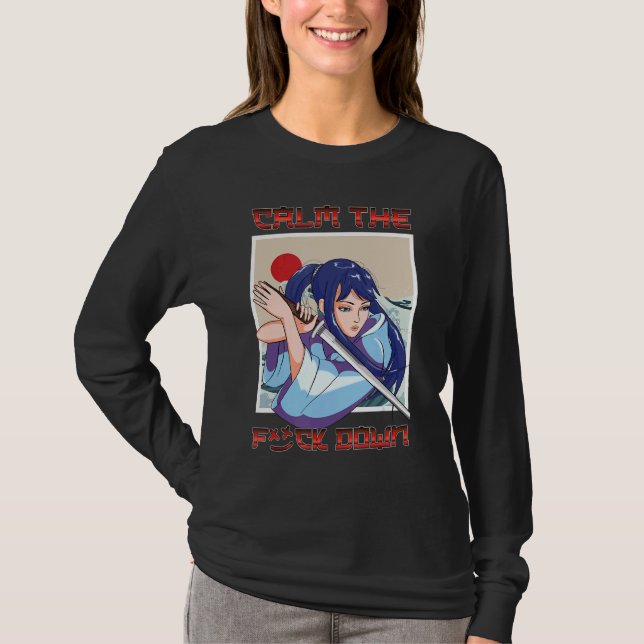 Girl Samurai Katana Warrior Fighter Japansk Flagga T Shirt (Framsida)